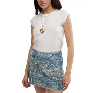 Free People Darla Quilted Mini Skirt 0 Blue Floral Boho Paisley Diamond Stitch